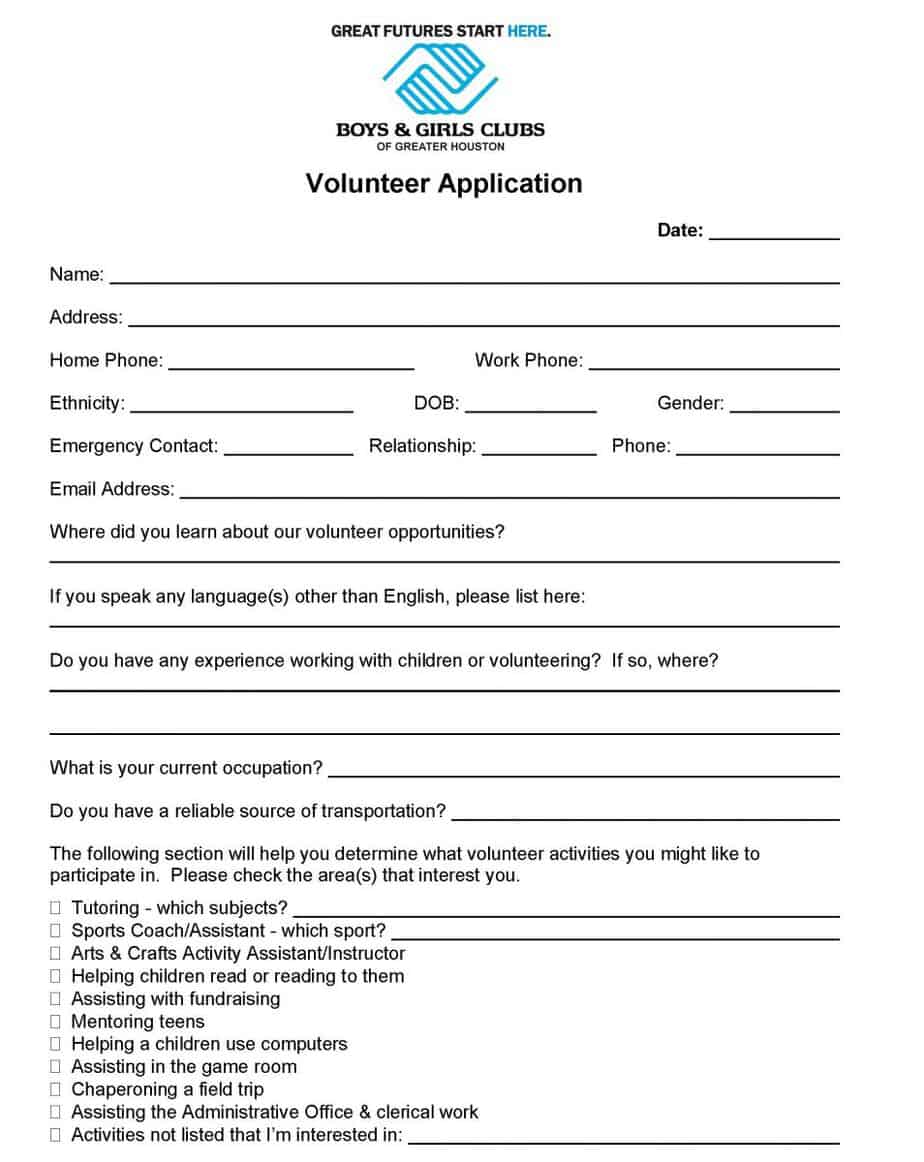 Volunteer job application form template