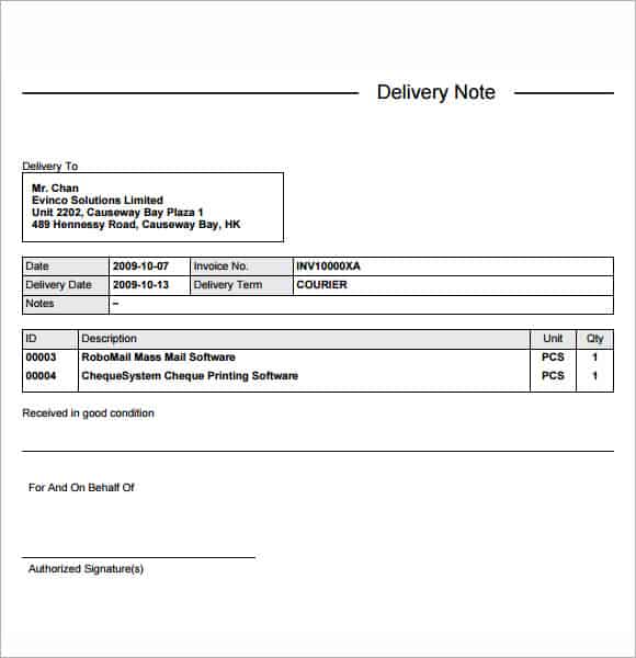 9 Delivery Note Templates Word Excel Samples