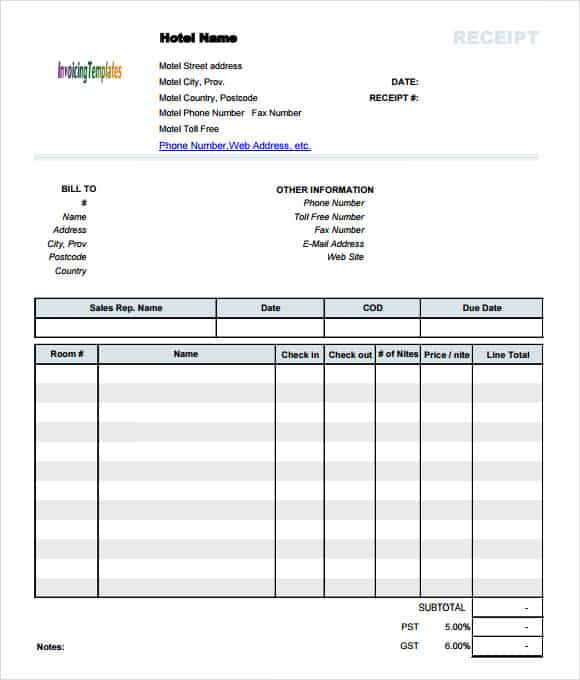 Hotel Receipt Templates - Word Excel Samples