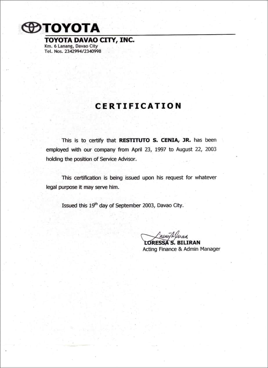 Employment Certificate Sample