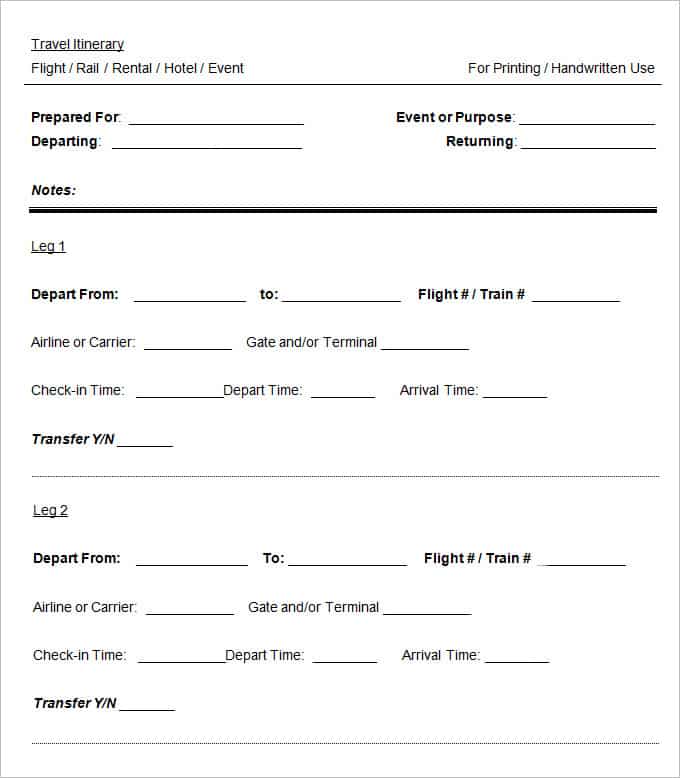 Blank Itinerary Templates - Word Excel Samples