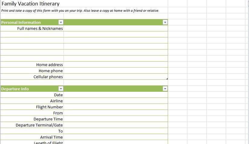 Blank Trip Itinerary Template