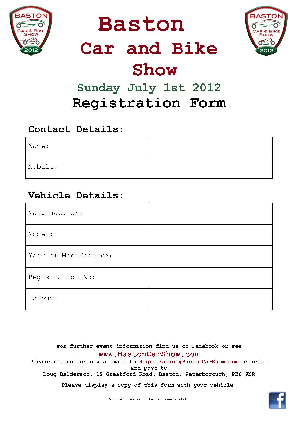 Printable Car Show Registration Form Template