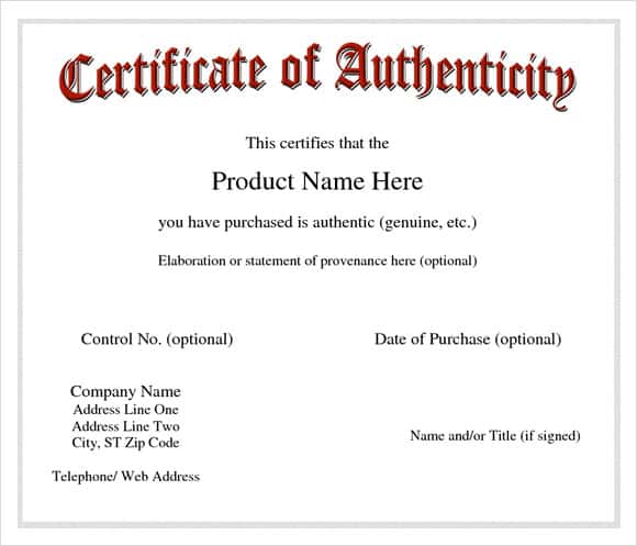 Sample Certificate Of Authenticity Template