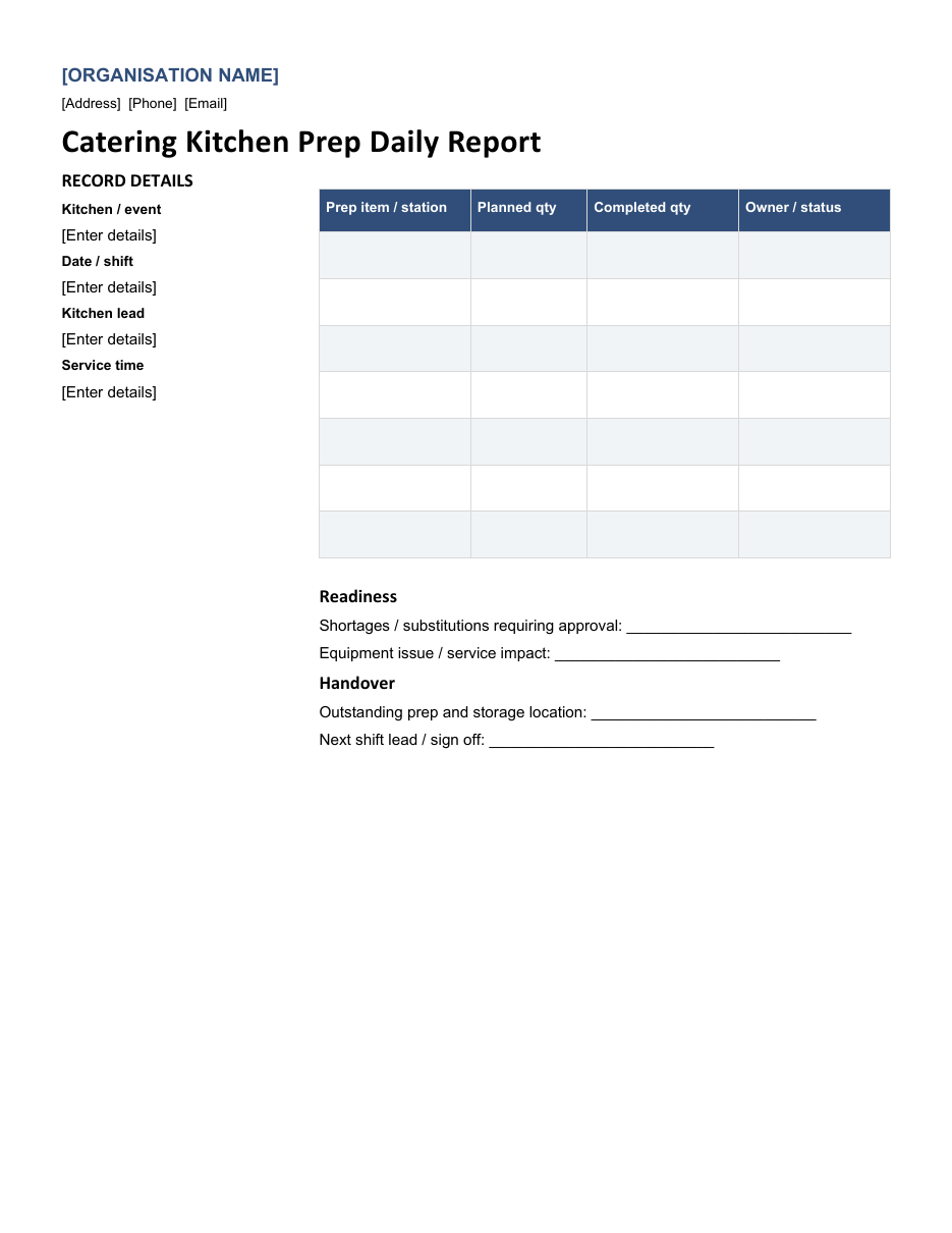 Catering Kitchen Prep Daily Report preview