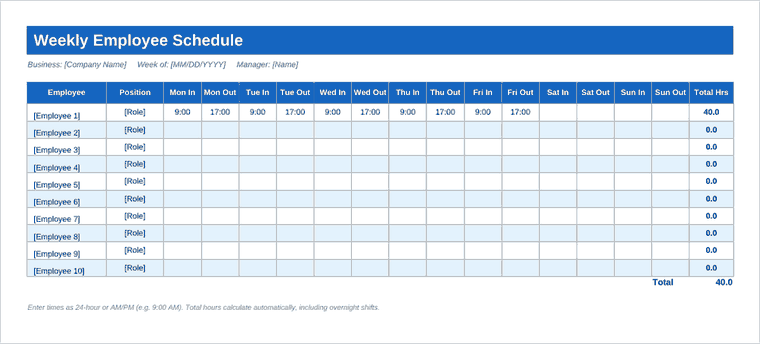 Weekly Employee Schedule With Hour Totals Excel template
