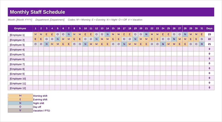 Monthly Staff Schedule (Shift Codes) Excel template