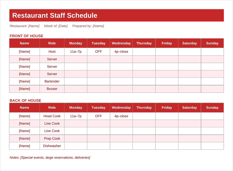 Restaurant Staff Schedule Excel template