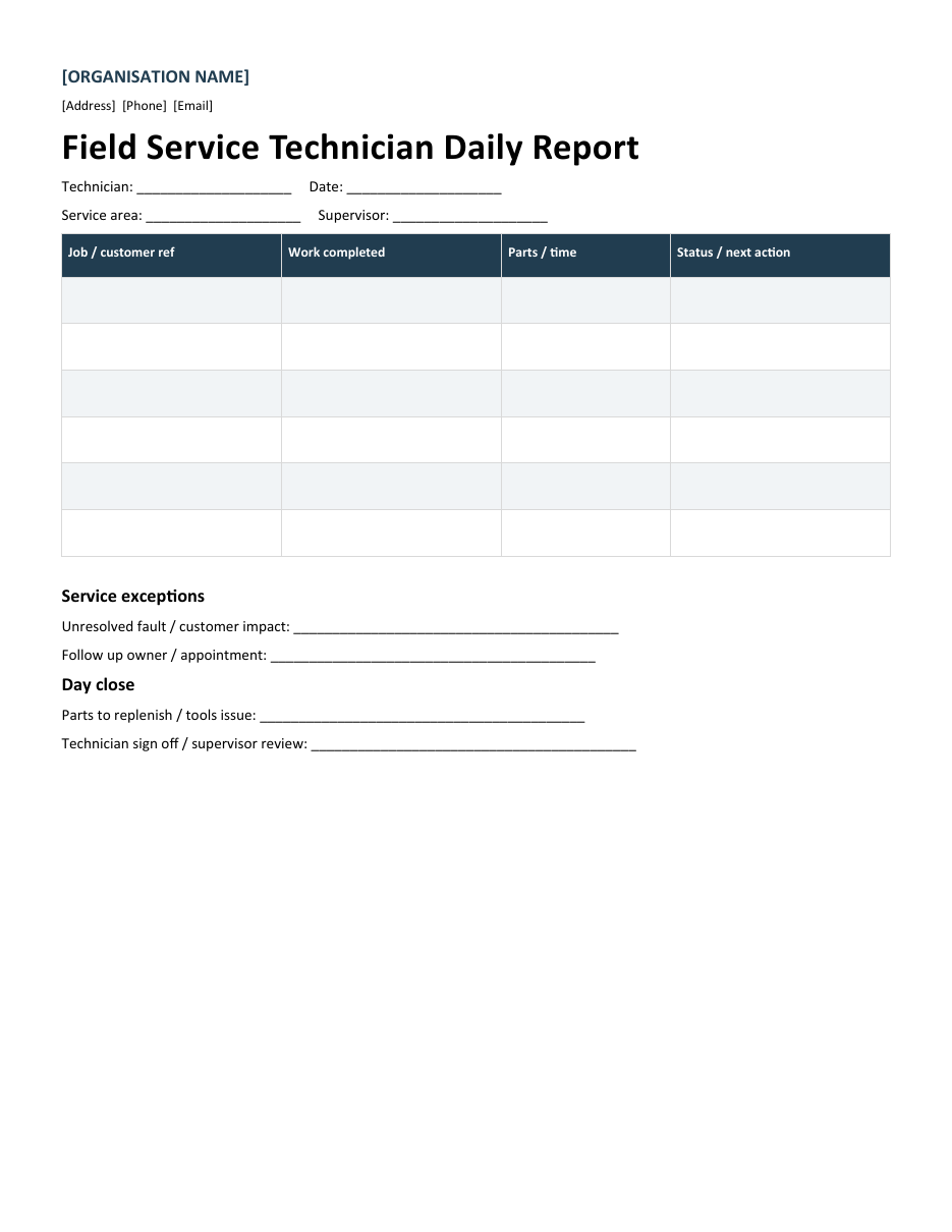 Field Service Technician Daily Report preview