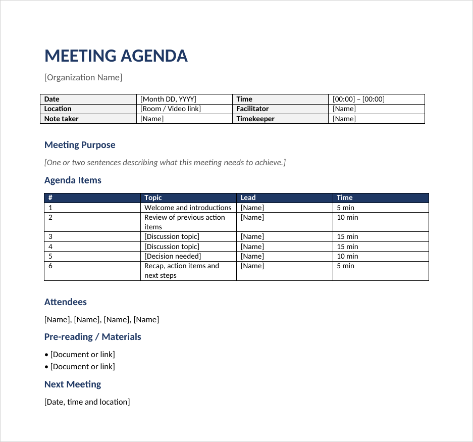 Simple Meeting Agenda Template in Word