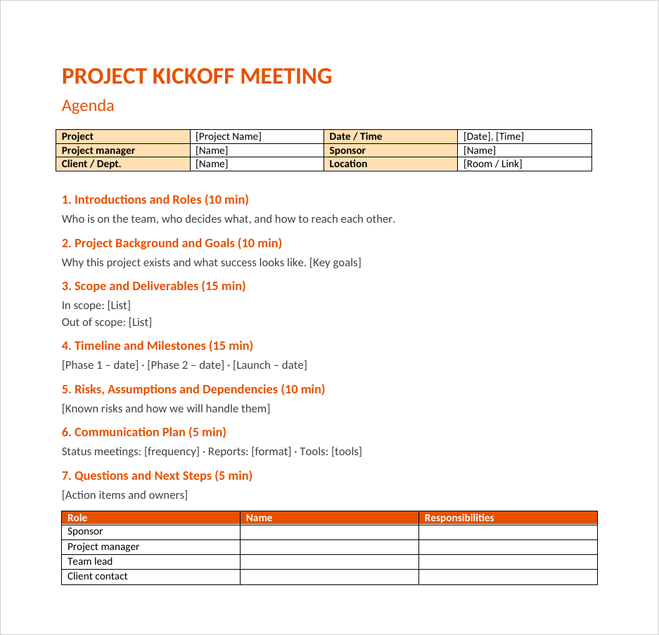 Project Kickoff Meeting Agenda in Word