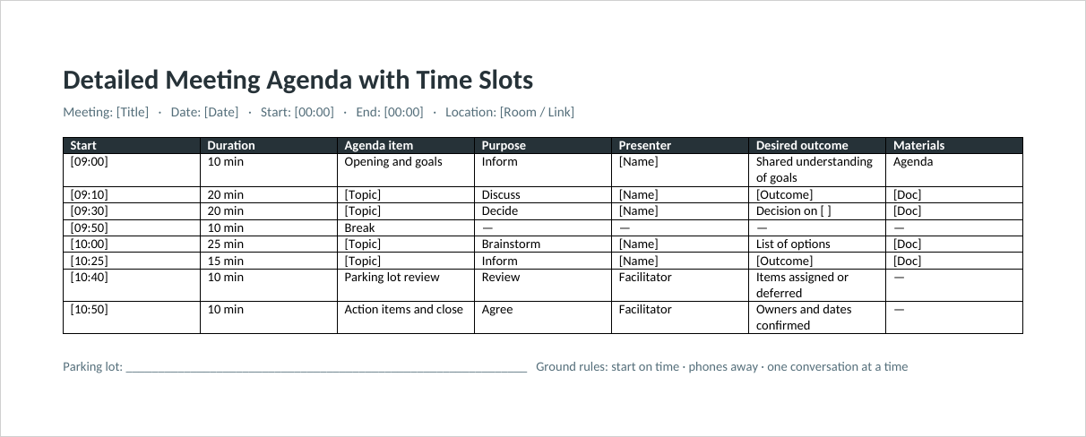 Detailed Meeting Agenda with Time Slots in Word