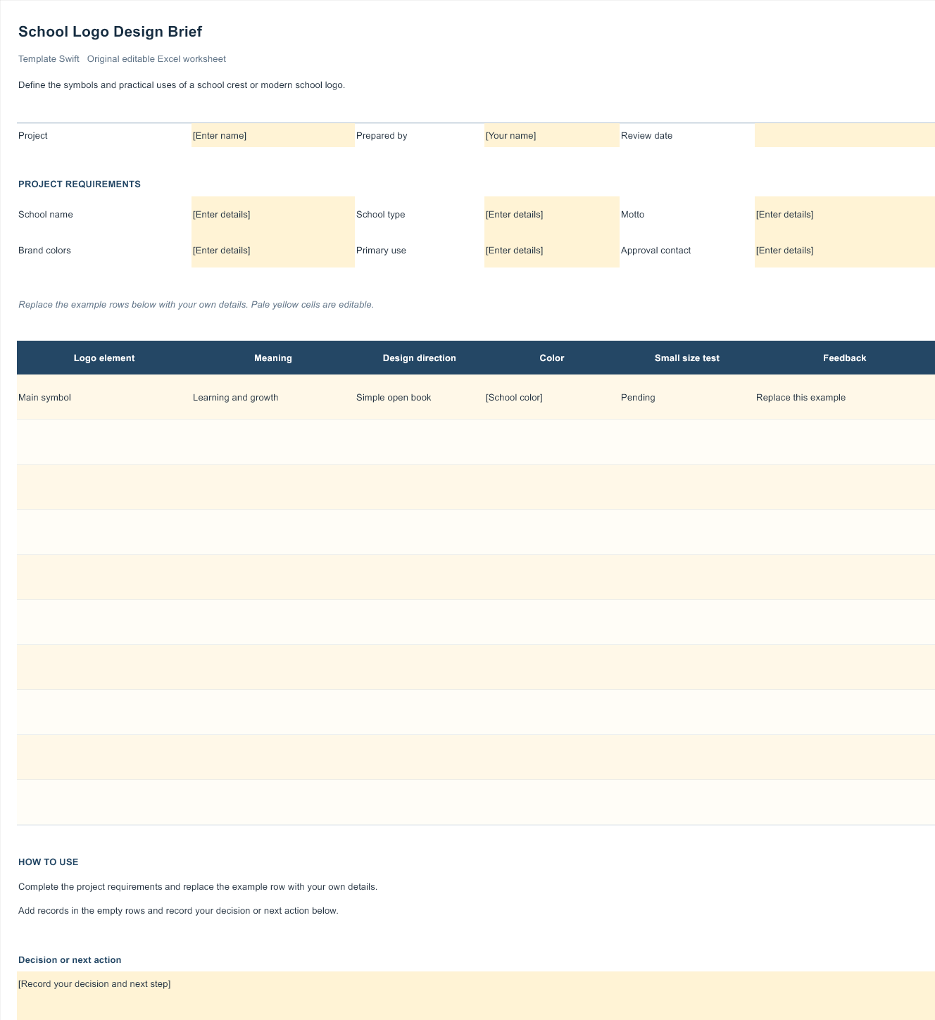 School Logo Design Brief preview showing the editable Excel worksheet