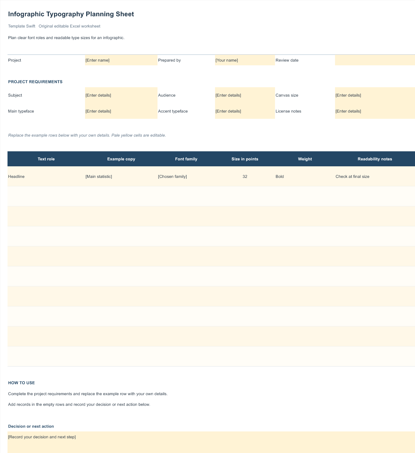 Infographic Typography Planning Sheet preview showing the editable Excel worksheet