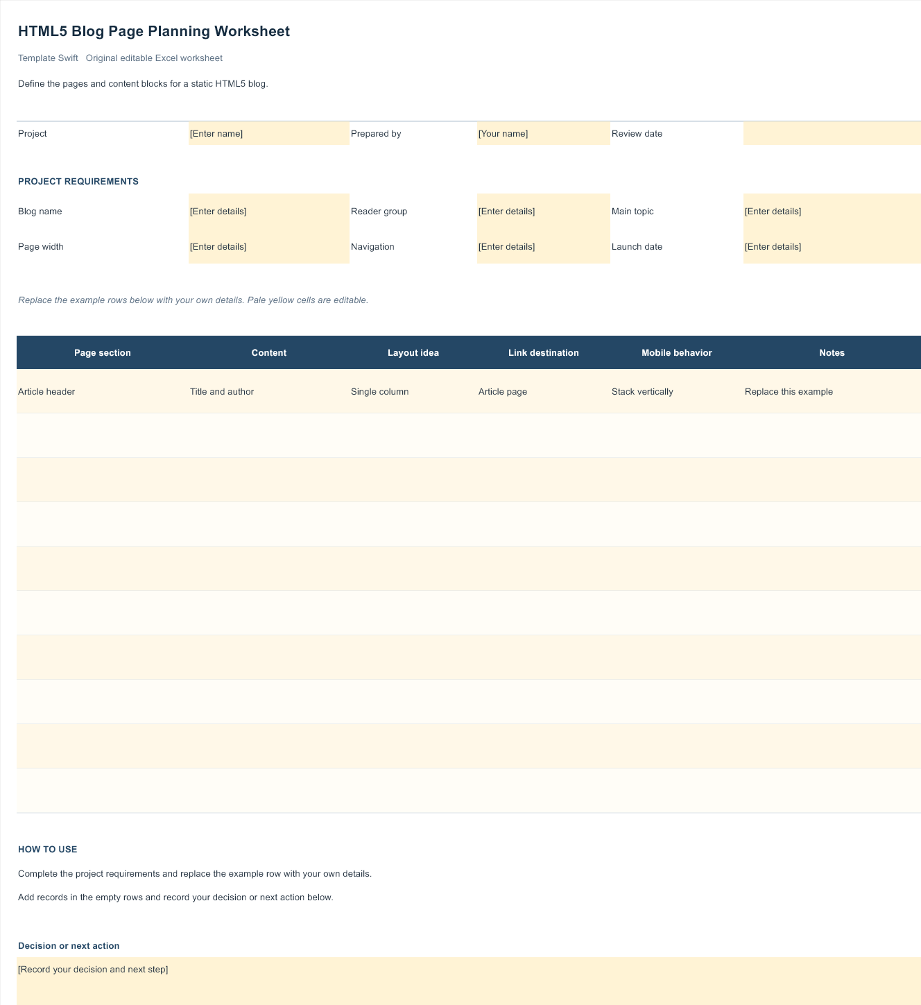 HTML5 Blog Page Planning Worksheet preview showing the editable Excel worksheet