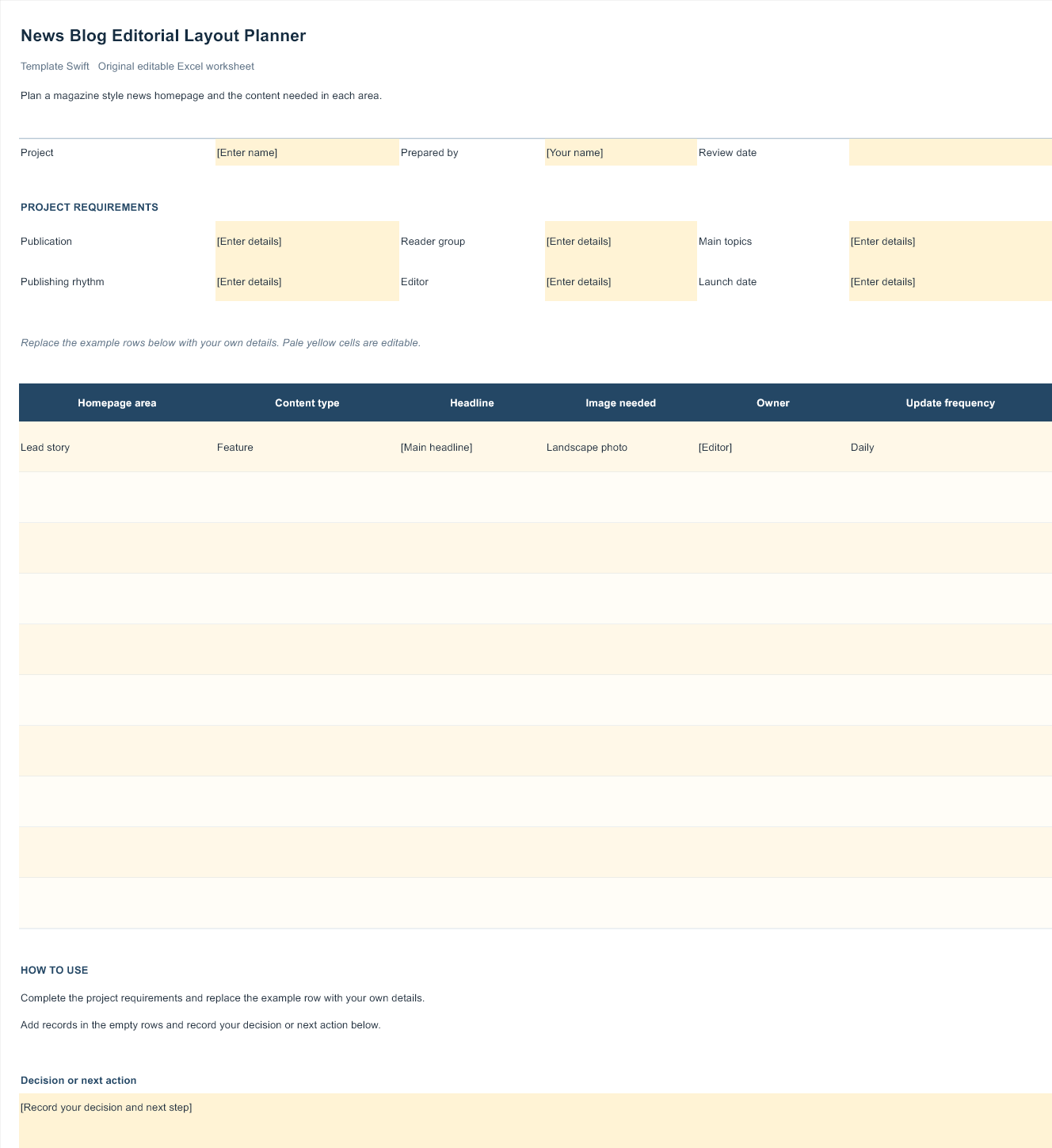 News Blog Editorial Layout Planner preview showing the editable Excel worksheet