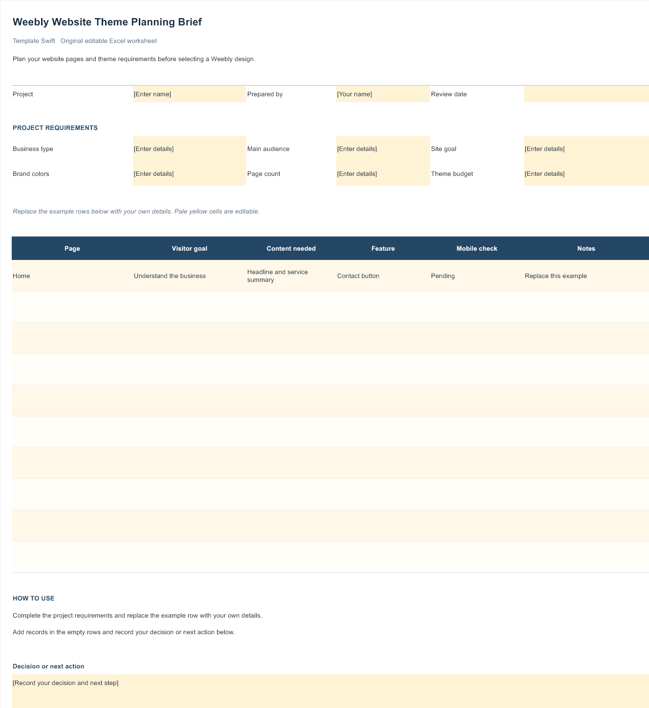 Weebly Website Theme Planning Brief preview showing the editable Excel worksheet