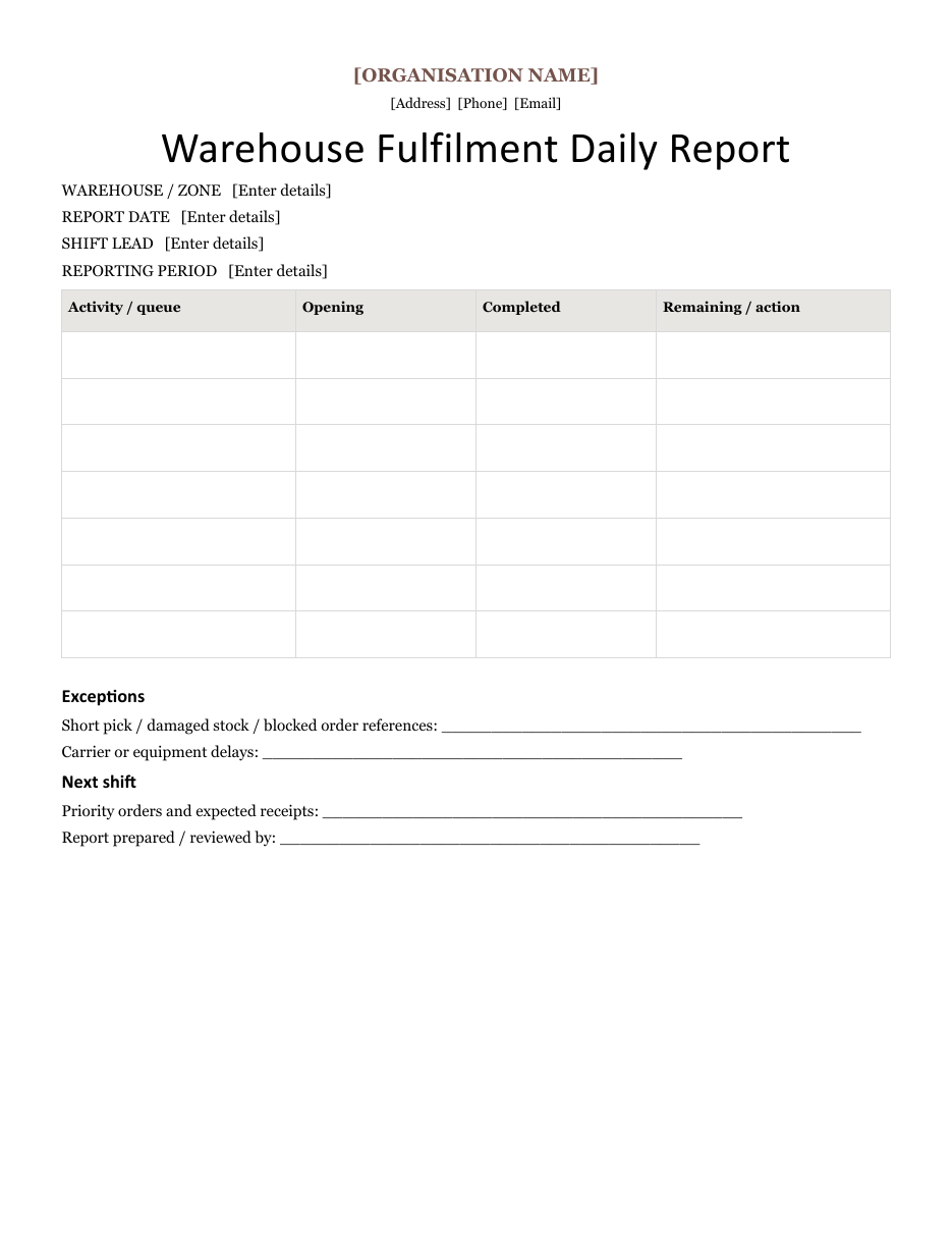 Warehouse Fulfilment Daily Report preview